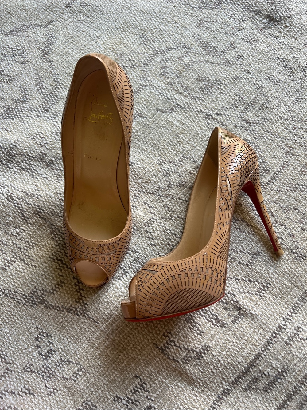 Christian Louboutin Nude Laser-Cut Peep-Toe Pumps with Red Sole